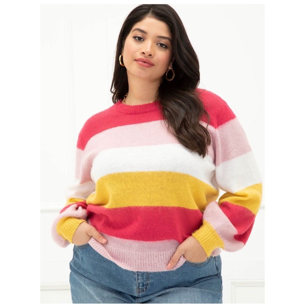 Eloquii Bold Stripe Pink Yellow White Crew Neck Balloon Sleeve Sweater 22/24 EUC